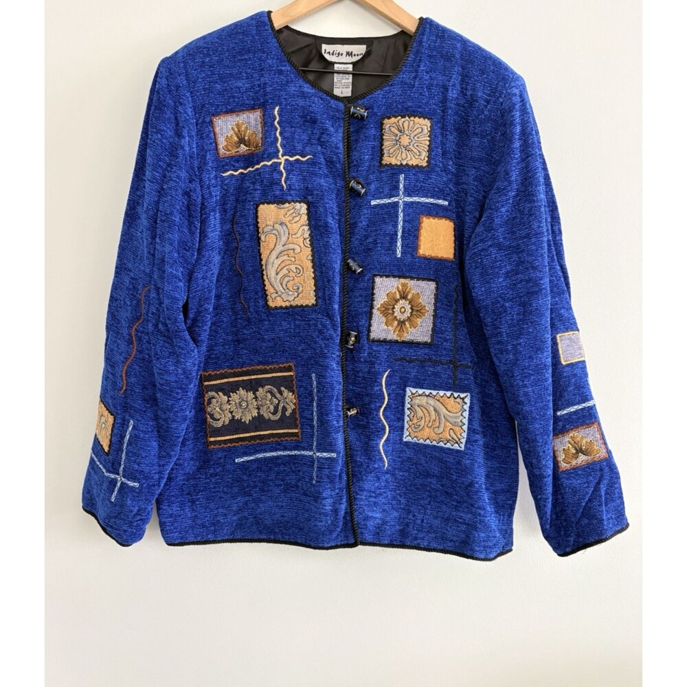 Indigo Moon Jacket Womens Large Blue Rayon Embroidered Patchwork Art To Wear